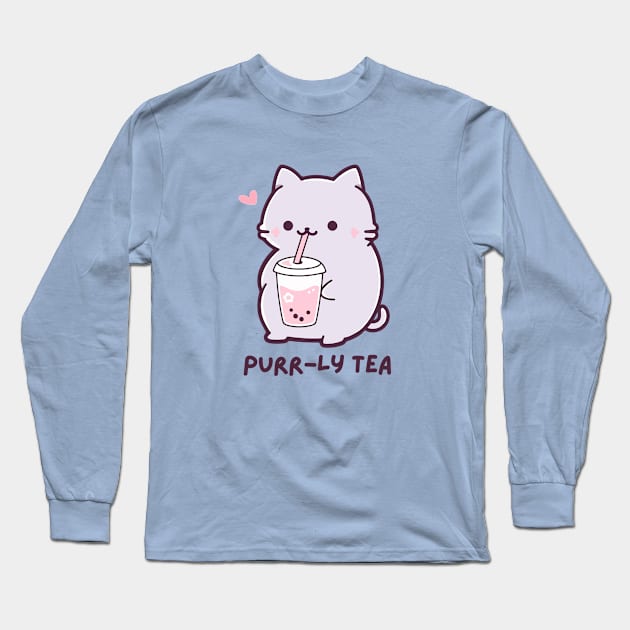 Purr-ly Tea - Funny Boba Cat Milk Tea - Purple - Strawberry Bubble Tea Long Sleeve T-Shirt by TeeTopiaNovelty